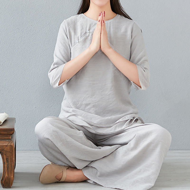 Buddha Stones 2-teiliges Set mit Dreiviertelärmeln, Langarmhemd und Hose mit weitem Bein, Meditationskleidung aus Baumwolle und Leinen für Damen - Gainsboro - Dreiviertelärmel - US 8-10, UK/AU 12-14, EU 40-42 (3XL) - image 26