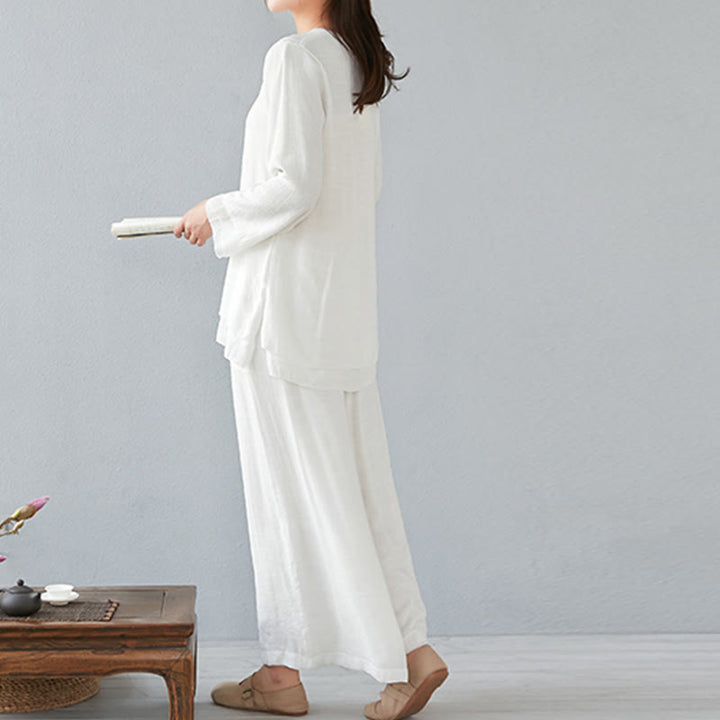 Buddha Stones 2-teiliges Set mit Dreiviertelärmeln, Langarmhemd und Hose mit weitem Bein, Meditationskleidung aus Baumwolle und Leinen für Damen - image 2