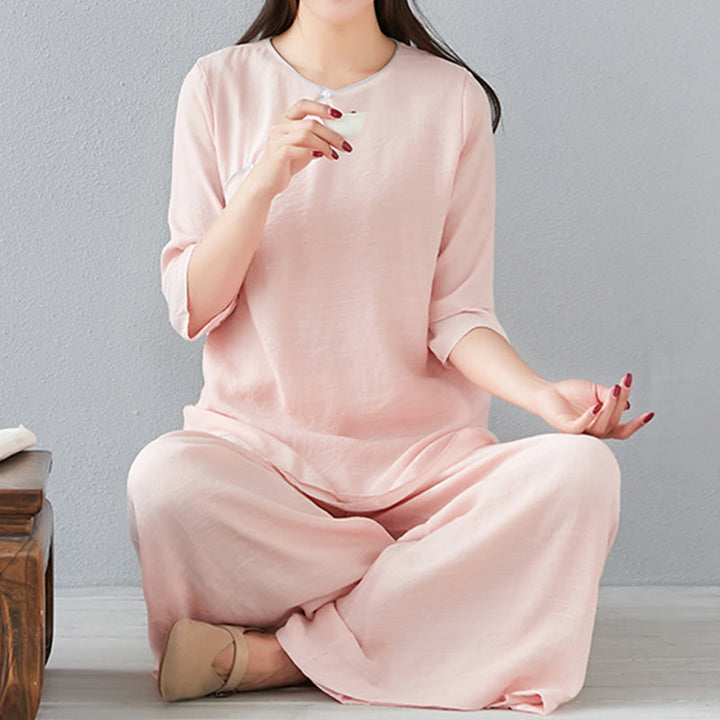 Buddha Stones 2-teiliges Set mit Dreiviertelärmeln, Langarmhemd und Hose mit weitem Bein, Meditationskleidung aus Baumwolle und Leinen für Damen - image 19