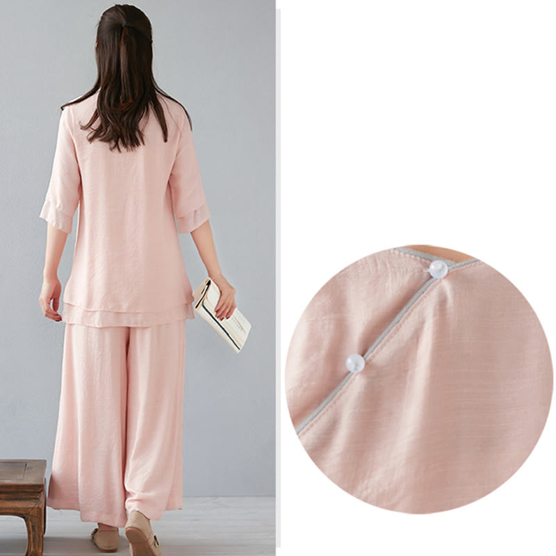 Buddha Stones 2-teiliges Set mit Dreiviertelärmeln, Langarmhemd und Hose mit weitem Bein, Meditationskleidung aus Baumwolle und Leinen für Damen - image 24