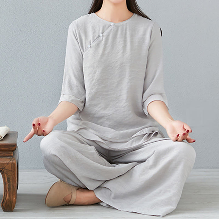 Buddha Stones 2-teiliges Set mit Dreiviertelärmeln, Langarmhemd und Hose mit weitem Bein, Meditationskleidung aus Baumwolle und Leinen für Damen - image 27