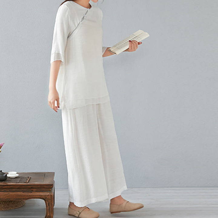 Buddha Stones 2-teiliges Set mit Dreiviertelärmeln, Langarmhemd und Hose mit weitem Bein, Meditationskleidung aus Baumwolle und Leinen für Damen - image 9