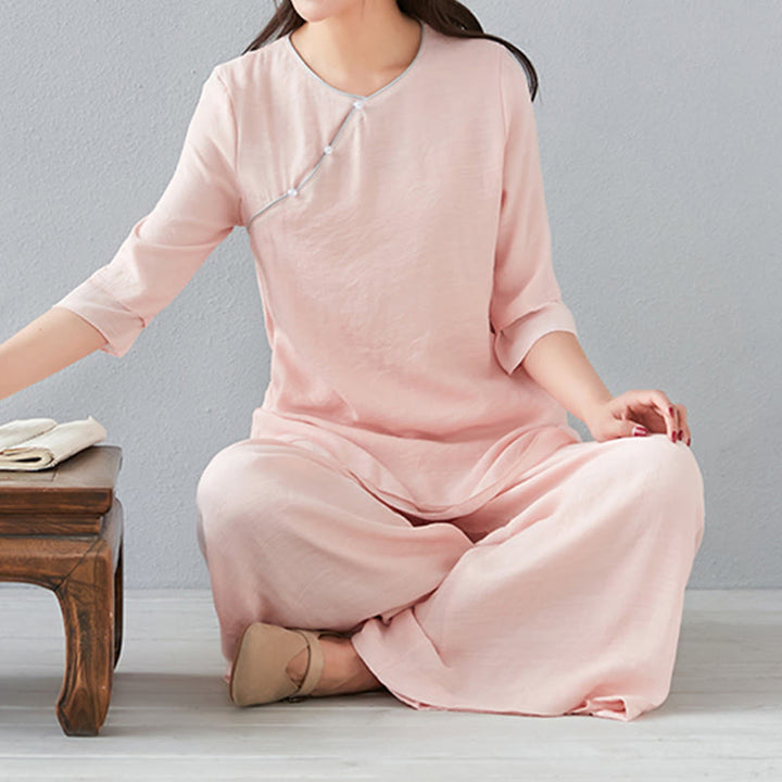 Buddha Stones 2-teiliges Set mit Dreiviertelärmeln, Langarmhemd und Hose mit weitem Bein, Meditationskleidung aus Baumwolle und Leinen für Damen - image 18