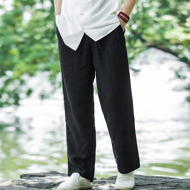 Buddha Stones - Einfarbige Herrenhose aus Baumwollleinen mit weitem Bein und Taschen - Schwarz - US/ UK/AU50，EU60 (5XL) - image 5