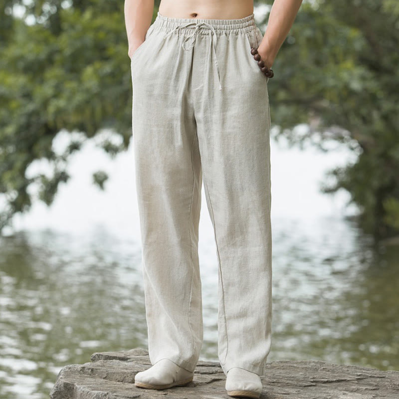 Buddha Stones - Einfarbige Herrenhose aus Baumwollleinen mit weitem Bein und Taschen - Leinen - US/ UK/AU50，EU60 (5XL) - image 1