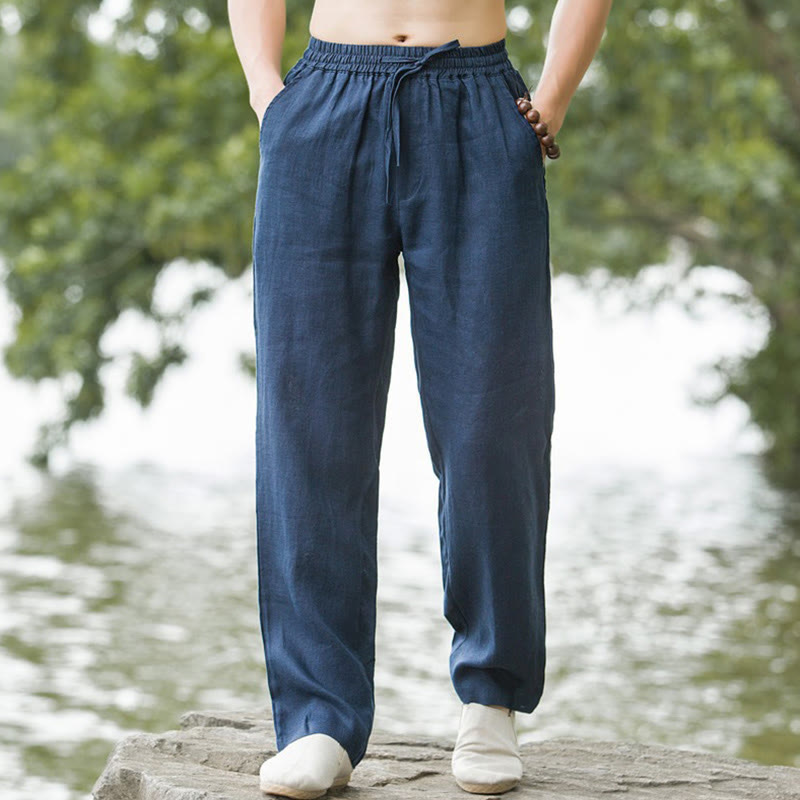 Buddha Stones - Einfarbige Herrenhose aus Baumwollleinen mit weitem Bein und Taschen - Stahlblau - US/ UK/AU50，EU60 (5XL) - image 6
