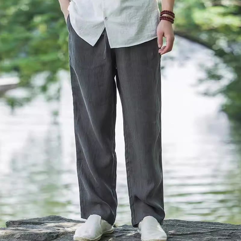 Buddha Stones - Einfarbige Herrenhose aus Baumwollleinen mit weitem Bein und Taschen - image 9