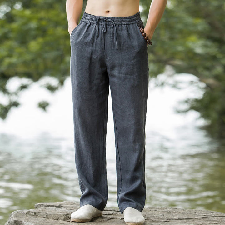 Buddha Stones - Einfarbige Herrenhose aus Baumwollleinen mit weitem Bein und Taschen - image 13