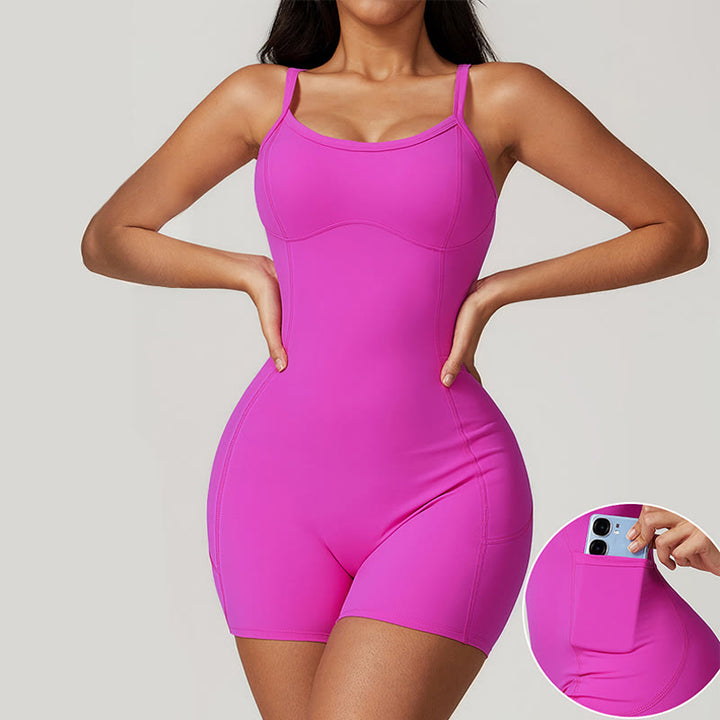 Buddha Stones Rückenfreier Jumpsuit mit überkreuzten Trägern, Sport-Fitness-Yoga-Bodysuit für Damen mit Taschen