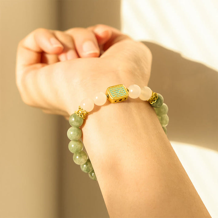 Buddha Stones Armband aus natürlichem grünem Jade und Weiß Achat mit fünf Schriften der Fülle