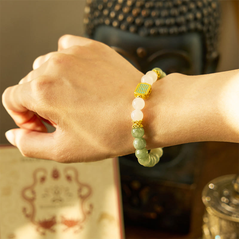 Buddha Stones Armband aus natürlichem grünem Jade und Weiß Achat mit fünf Schriften der Fülle