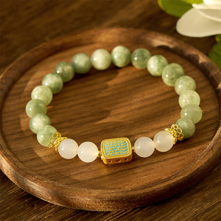 Buddha Stones Armband aus natürlichem grünem Jade und Weiß Achat mit fünf Schriften der Fülle