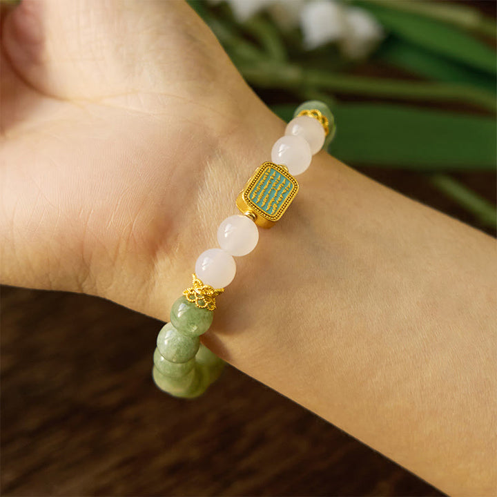 Buddha Stones Armband aus natürlichem grünem Jade und Weiß Achat mit fünf Schriften der Fülle