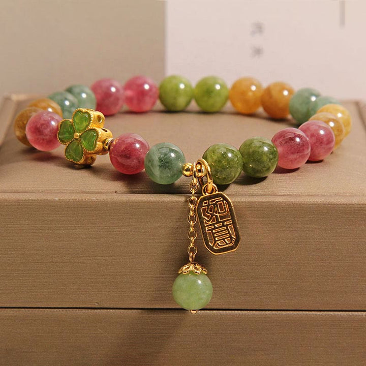 Buddha Stones Turmalin Jade Buntes Vierblättriges Kleeblatt Positives Armband