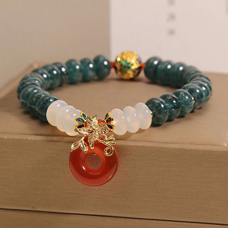 Buddha Stones Jade Weißer Achat Roter Achat Friedensschnalle Abakusperlen Glücksarmband