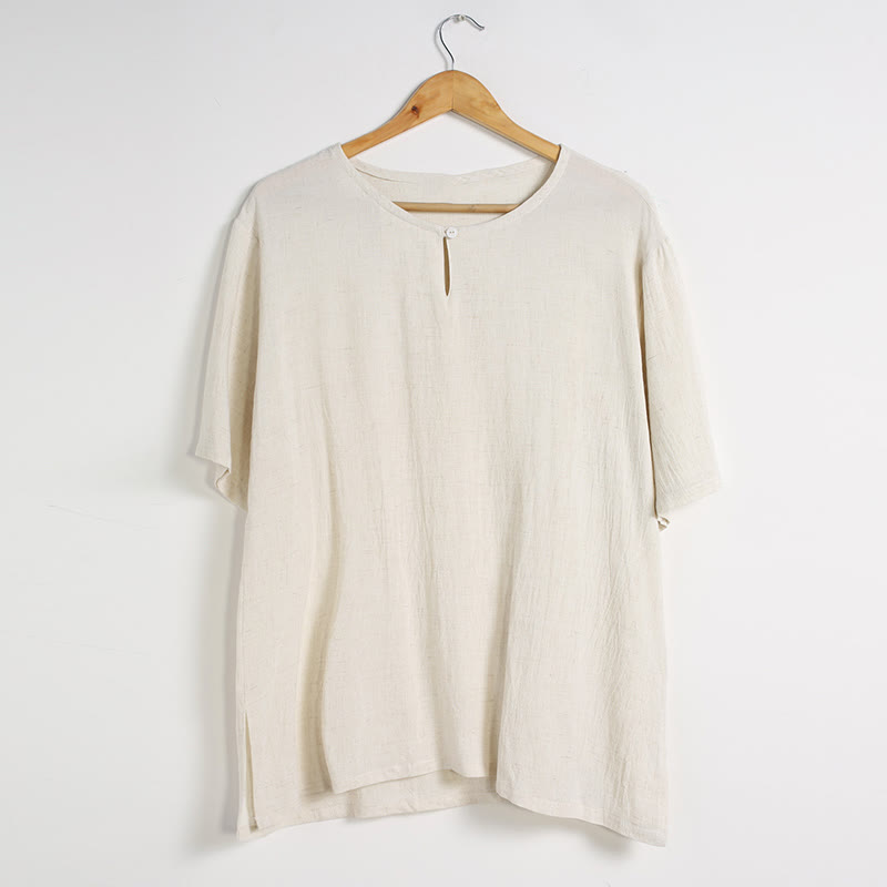 Buddha Stones Herren Leinen-T-Shirt mit Rundhalsausschnitt in Einheitsfarbe - image 23