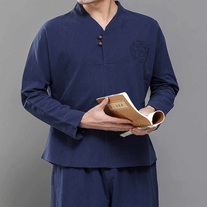 Buddha Stones 2 Stück Herren Langarmshirt mit Rankenstickerei, Oberteil und Hose Meditations-Zen Baumwollkleidungsset