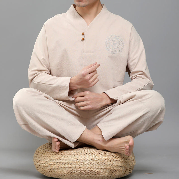 Buddha Stones 2 Stück Herren Langarmshirt mit Rankenstickerei, Oberteil und Hose Meditations-Zen Baumwollkleidungsset