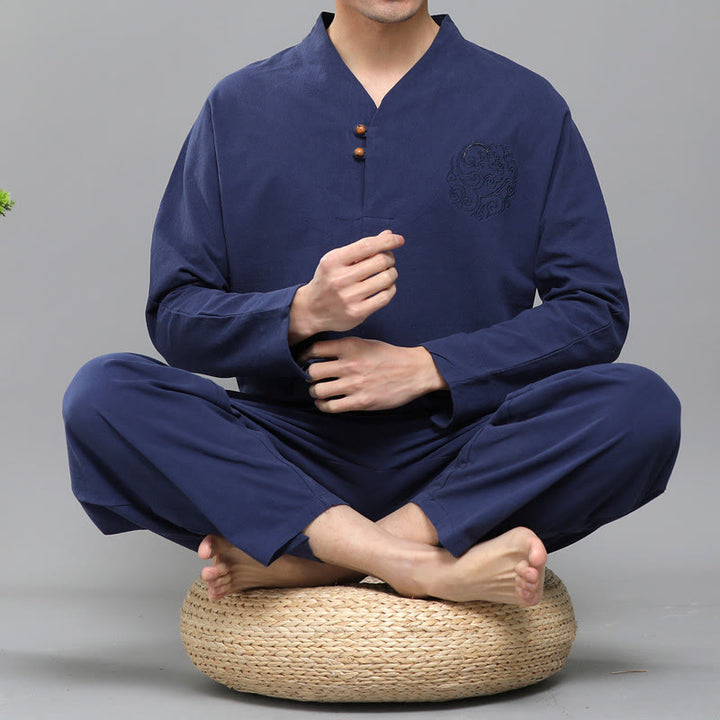 Buddha Stones 2 Stück Herren Langarmshirt mit Rankenstickerei, Oberteil und Hose Meditations-Zen Baumwollkleidungsset