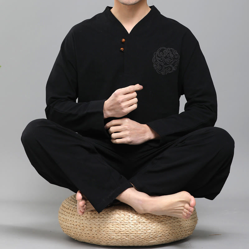 Buddha Stones 2 Stück Herren Langarmshirt mit Rankenstickerei, Oberteil und Hose Meditations-Zen Baumwollkleidungsset