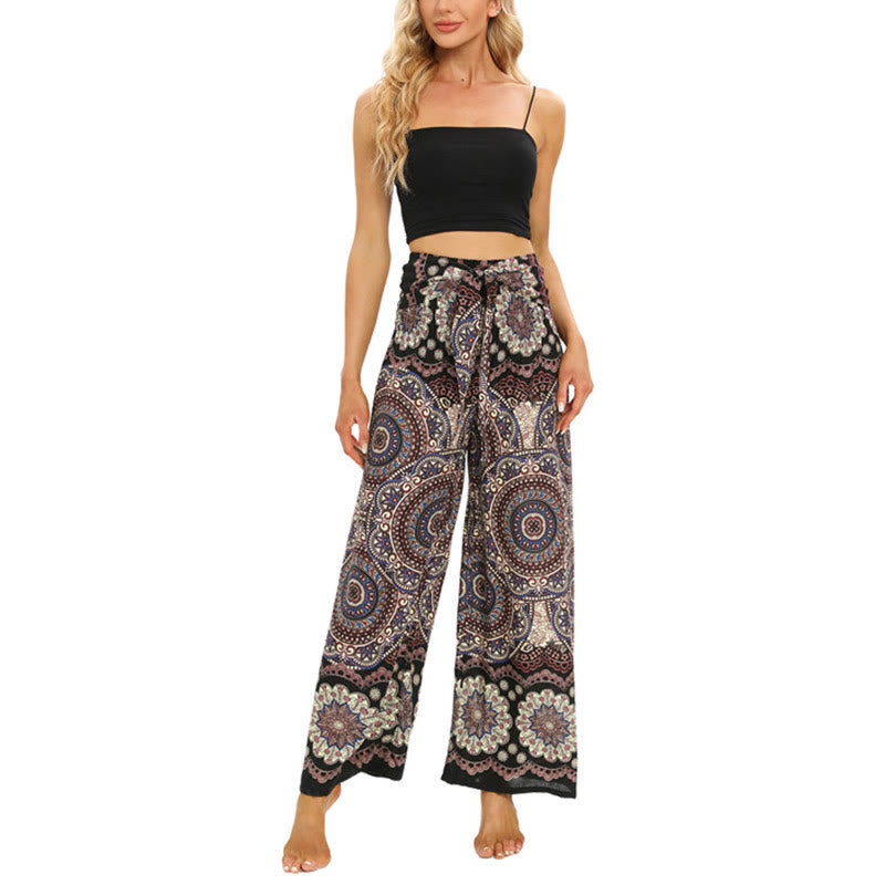 Buddha Stones Boho Mandala Print Schnürung Weit Bein Hosen Frauen Yoga Hosen