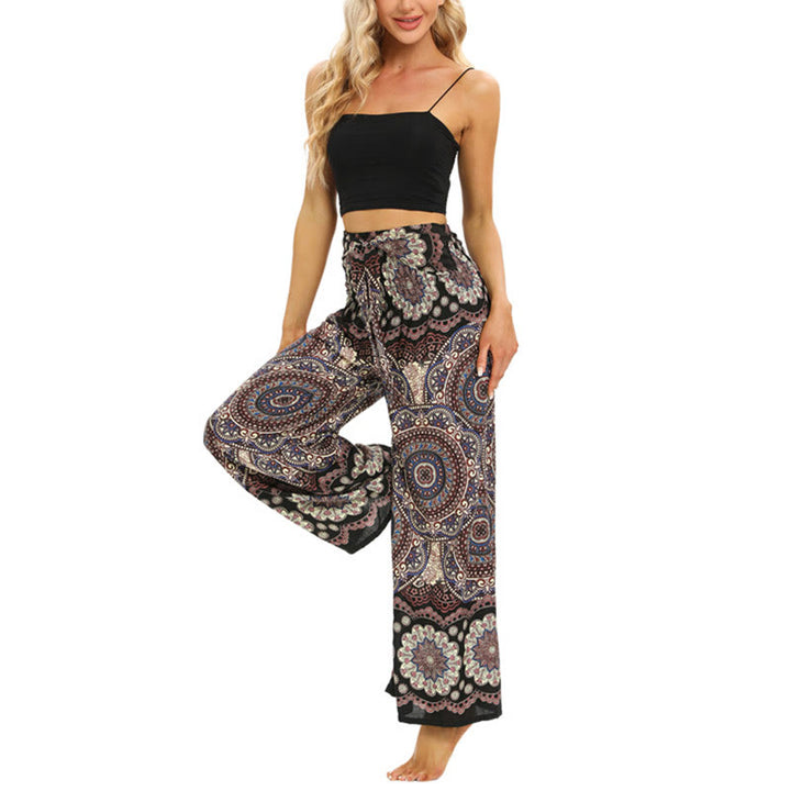 Buddha Stones Boho Mandala Print Schnürung Weit Bein Hosen Frauen Yoga Hosen