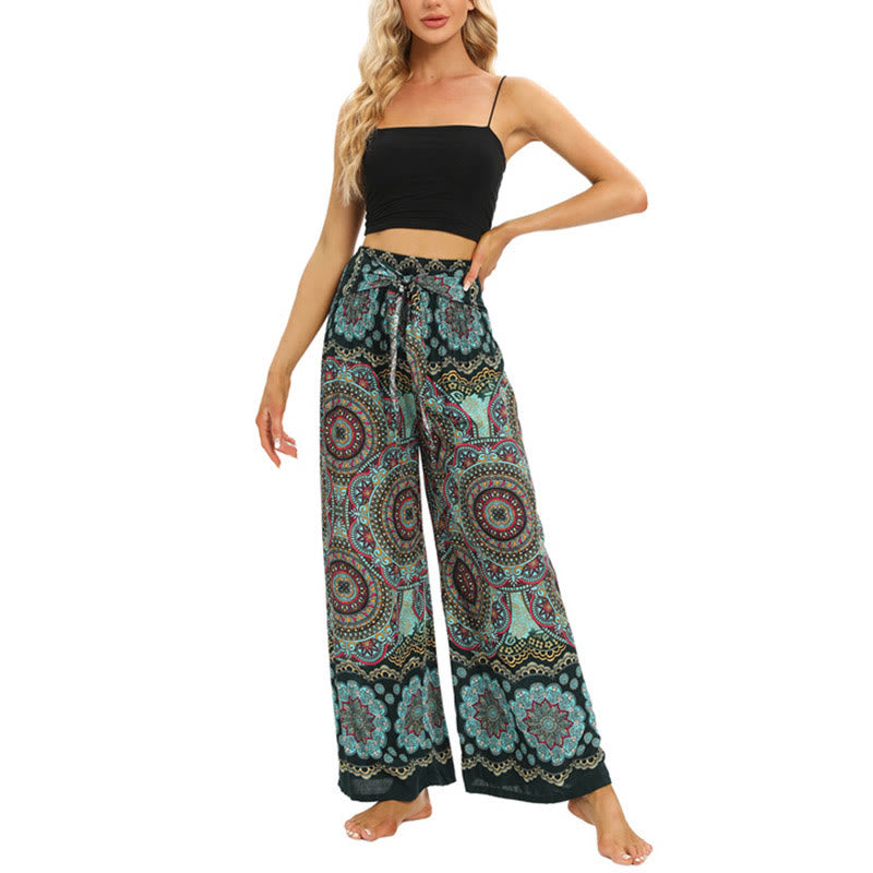 Buddha Stones Boho Mandala Print Schnürung Weit Bein Hosen Frauen Yoga Hosen