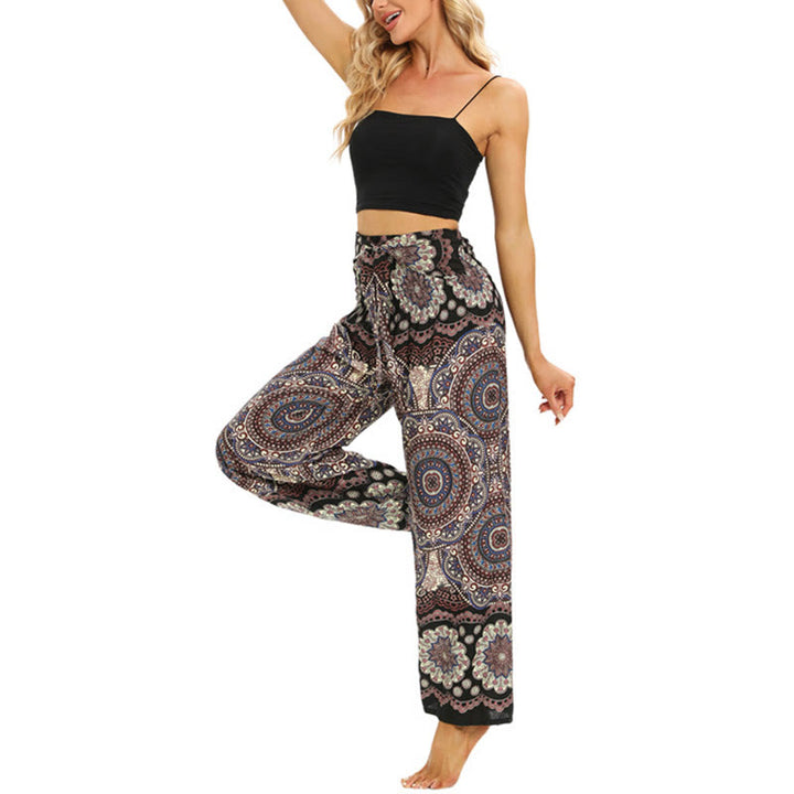 Buddha Stones Boho Mandala Print Schnürung Weit Bein Hosen Frauen Yoga Hosen