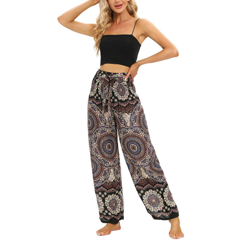 Buddha Stones Boho Mandala Print Schnürung Weit Bein Hosen Frauen Yoga Hosen