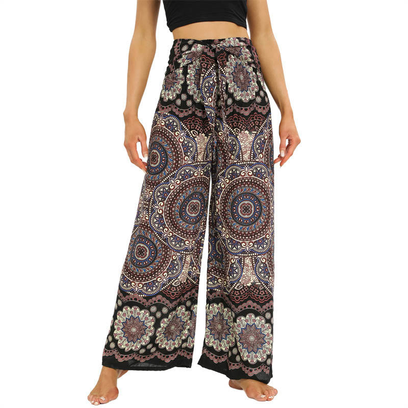 Buddha Stones Boho Mandala Print Schnürung Weit Bein Hosen Frauen Yoga Hosen