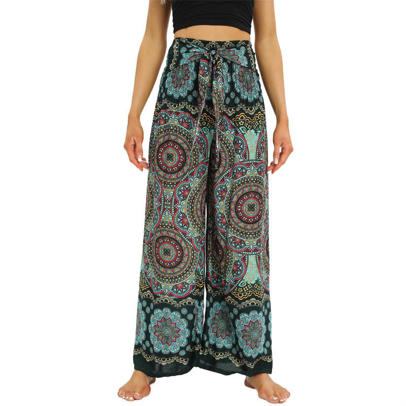 Buddha Stones Boho Mandala Print Schnürung Weit Bein Hosen Frauen Yoga Hosen