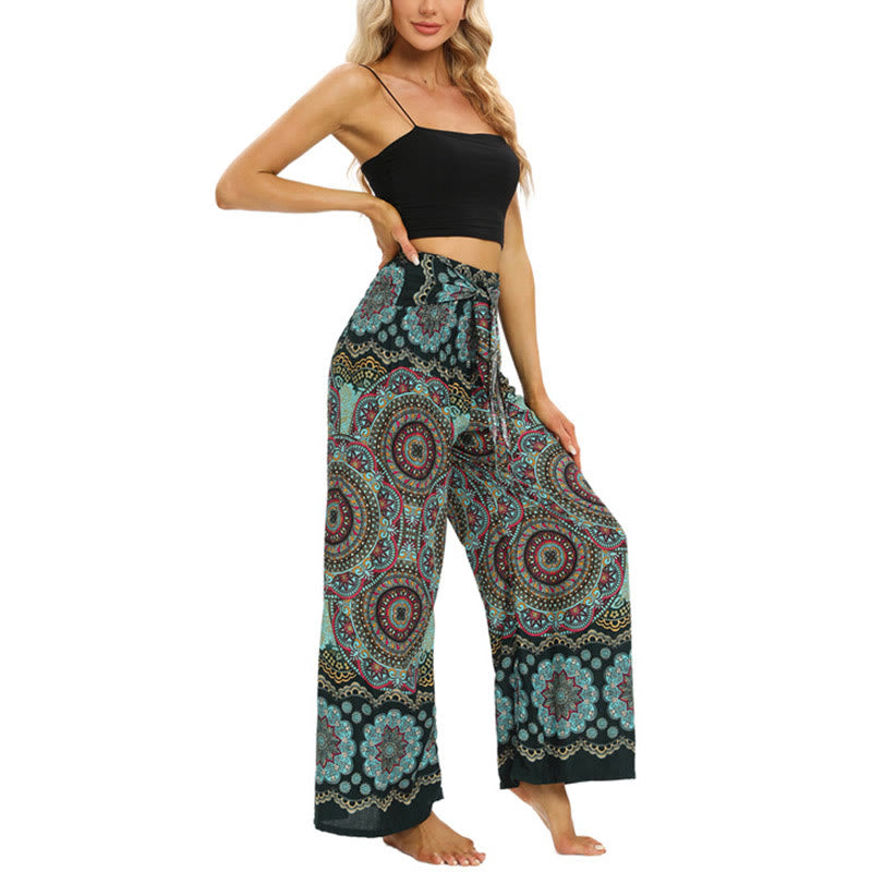 Buddha Stones Boho Mandala Print Schnürung Weit Bein Hosen Frauen Yoga Hosen