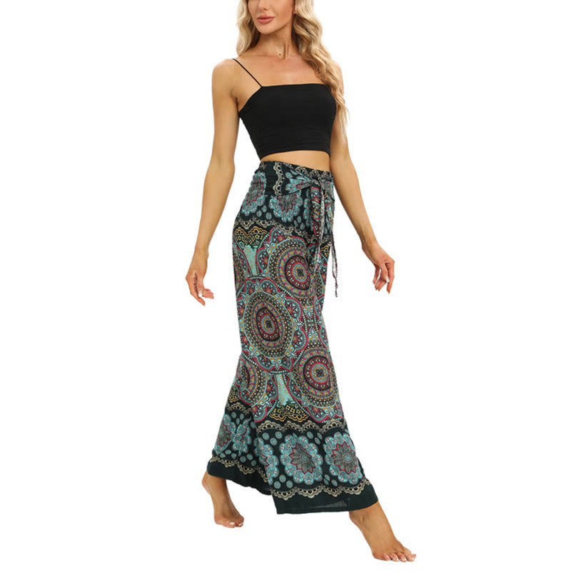 Buddha Stones Boho Mandala Print Schnürung Weit Bein Hosen Frauen Yoga Hosen