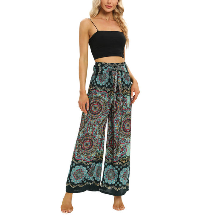 Buddha Stones Boho Mandala Print Schnürung Weit Bein Hosen Frauen Yoga Hosen