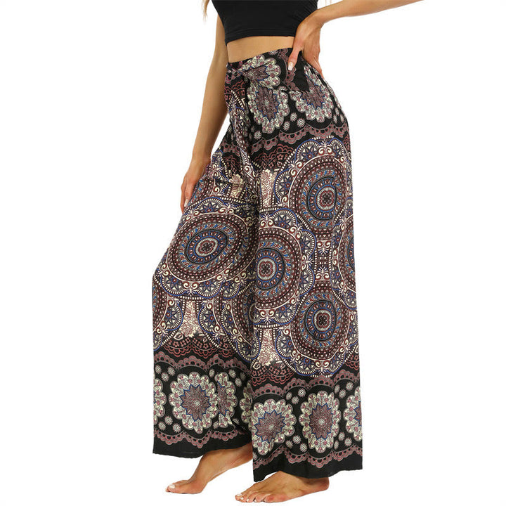 Buddha Stones Boho Mandala Print Schnürung Weit Bein Hosen Frauen Yoga Hosen