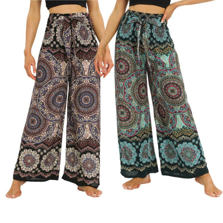 Buddha Stones Boho Mandala Print Schnürung Weit Bein Hosen Frauen Yoga Hosen