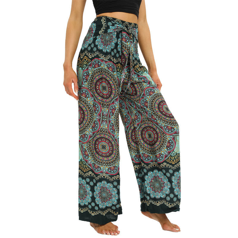 Buddha Stones Boho Mandala Print Schnürung Weit Bein Hosen Frauen Yoga Hosen