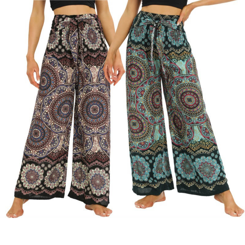 Buddha Stones Boho Mandala Print Schnürung Weit Bein Hosen Frauen Yoga Hosen - image 0