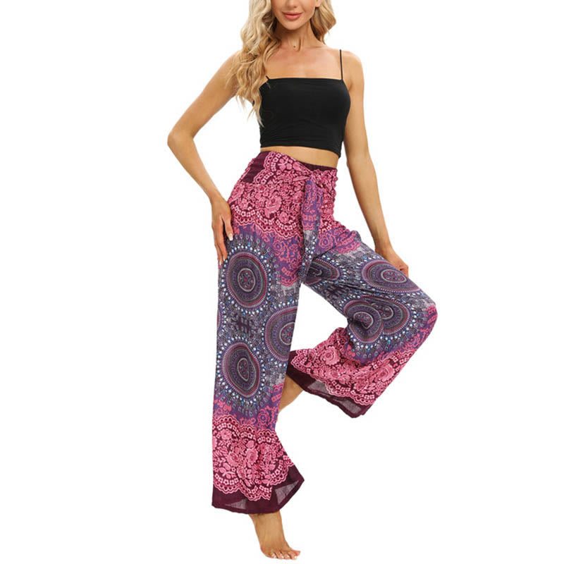 Buddha Stones Bohemian Mandala Blume Schnür-Hosen mit weitem Bein Damen Yoga-Hosen