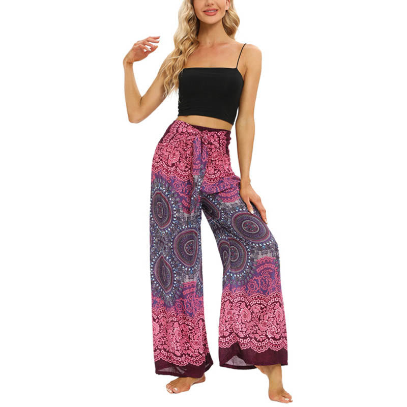 Buddha Stones Bohemian Mandala Blume Schnür-Hosen mit weitem Bein Damen Yoga-Hosen