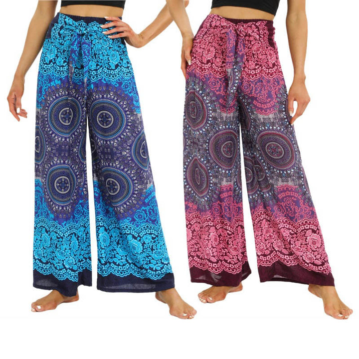 Buddha Stones Bohemian Mandala Blume Schnür-Hosen mit weitem Bein Damen Yoga-Hosen