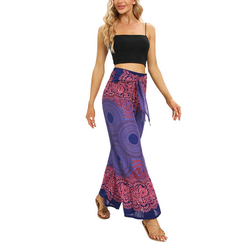 Buddha Stones Bohemian Kompass Blumenprint Schnürung Weitbein Hosen Damen Yoga Hosen