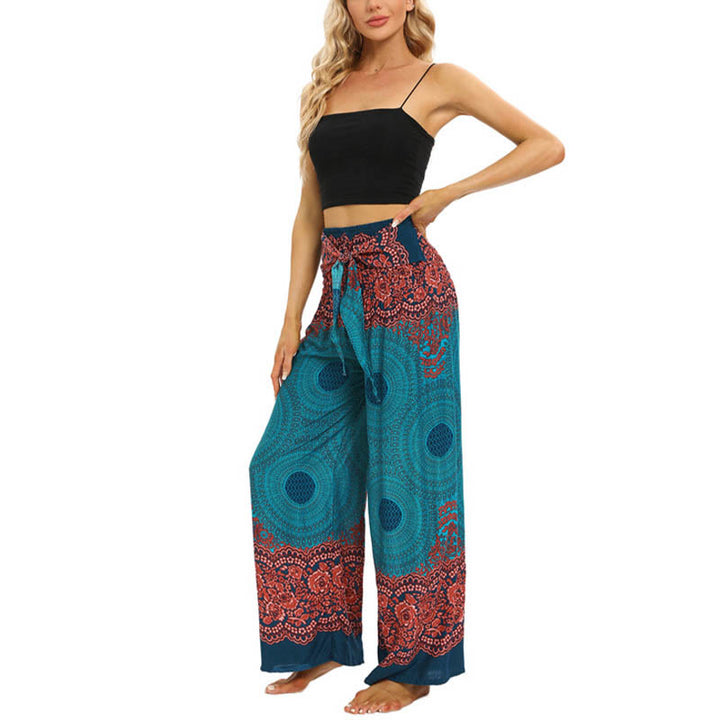 Buddha Stones Bohemian Kompass Blumenprint Schnürung Weitbein Hosen Damen Yoga Hosen