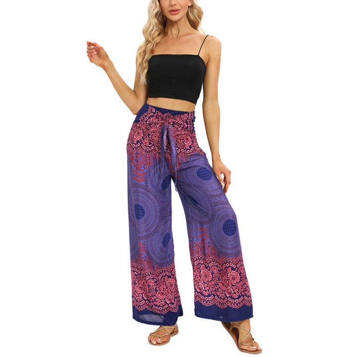 Buddha Stones Bohemian Kompass Blumenprint Schnürung Weitbein Hosen Damen Yoga Hosen