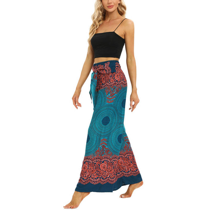 Buddha Stones Bohemian Kompass Blumenprint Schnürung Weitbein Hosen Damen Yoga Hosen