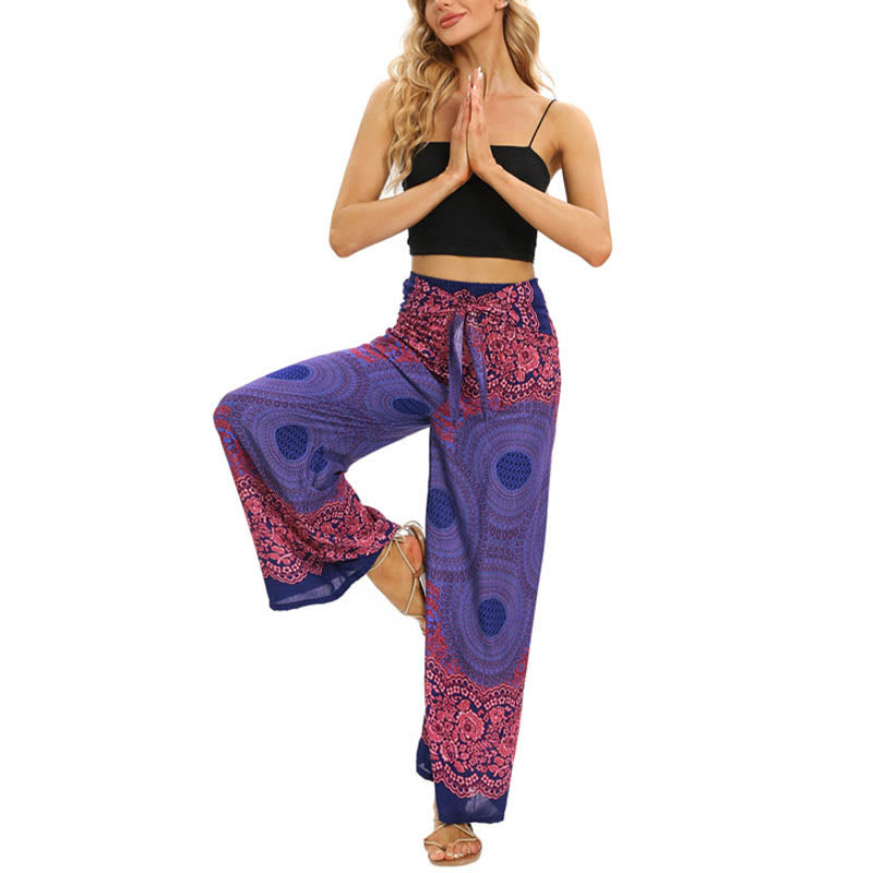 Buddha Stones Bohemian Kompass Blumenprint Schnürung Weitbein Hosen Damen Yoga Hosen