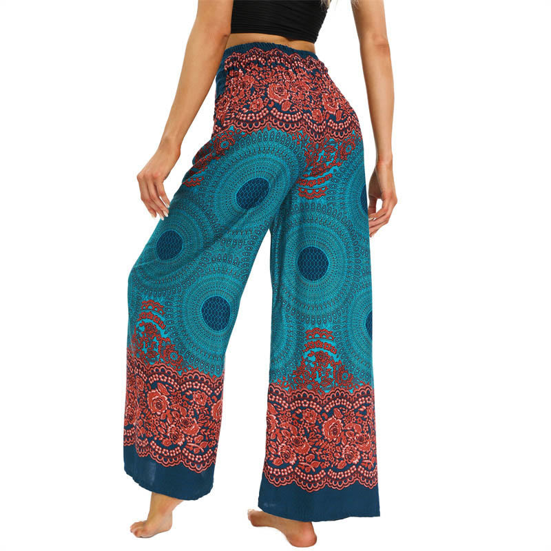 Buddha Stones Bohemian Kompass Blumenprint Schnürung Weitbein Hosen Damen Yoga Hosen