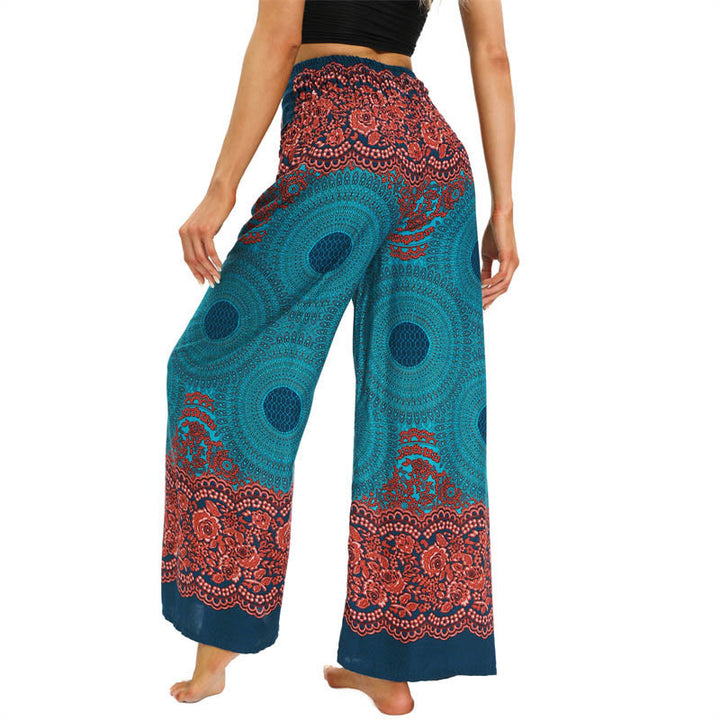 Buddha Stones Bohemian Kompass Blumenprint Schnürung Weitbein Hosen Damen Yoga Hosen