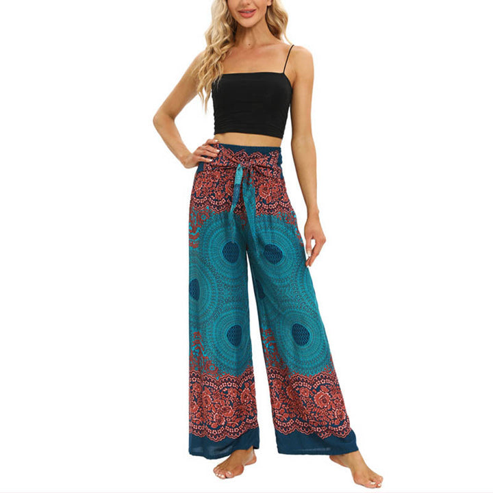 Buddha Stones Bohemian Kompass Blumenprint Schnürung Weitbein Hosen Damen Yoga Hosen