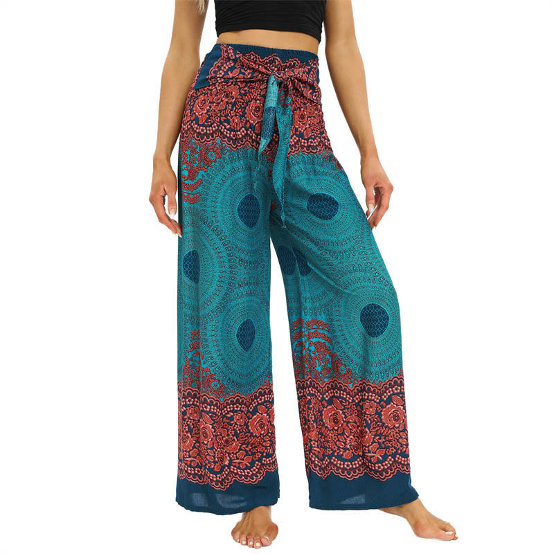 Buddha Stones Bohemian Kompass Blumenprint Schnürung Weitbein Hosen Damen Yoga Hosen